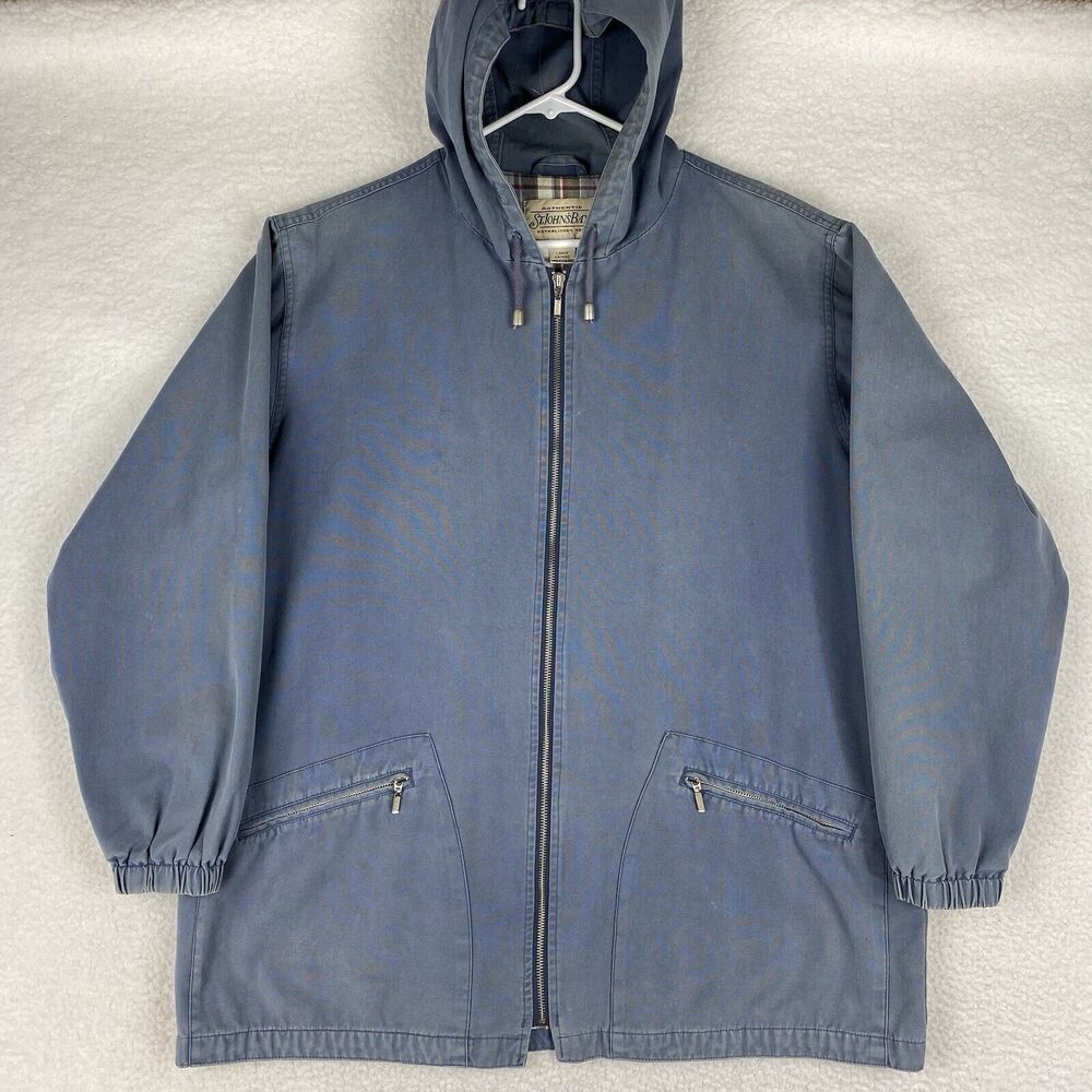 Vtg St Johns Bay Jacket‎ Womens Sz L Blue Chore Coat Hooded Plaid Lined Full Zip